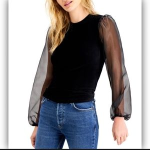 Kit and Sky Ribbed Sheer Sleeve Top Black XS